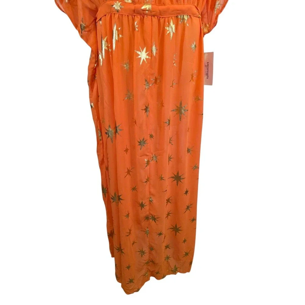 Swimsuits For All Womens 22/24  Orange Gold Foil Chiffon Maxi Cover Up Dress NWT